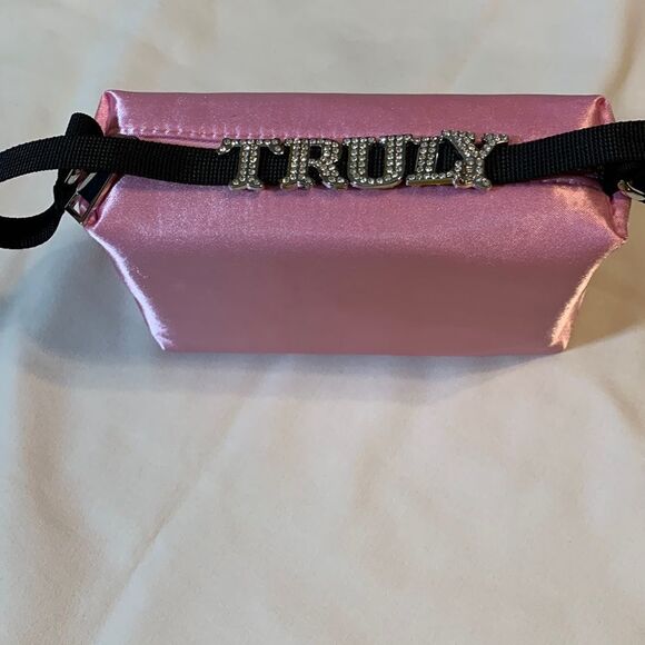 Truly small handbag/clutch.  Pink satin with rhinestone letters on black strap - Picture 2 of 8